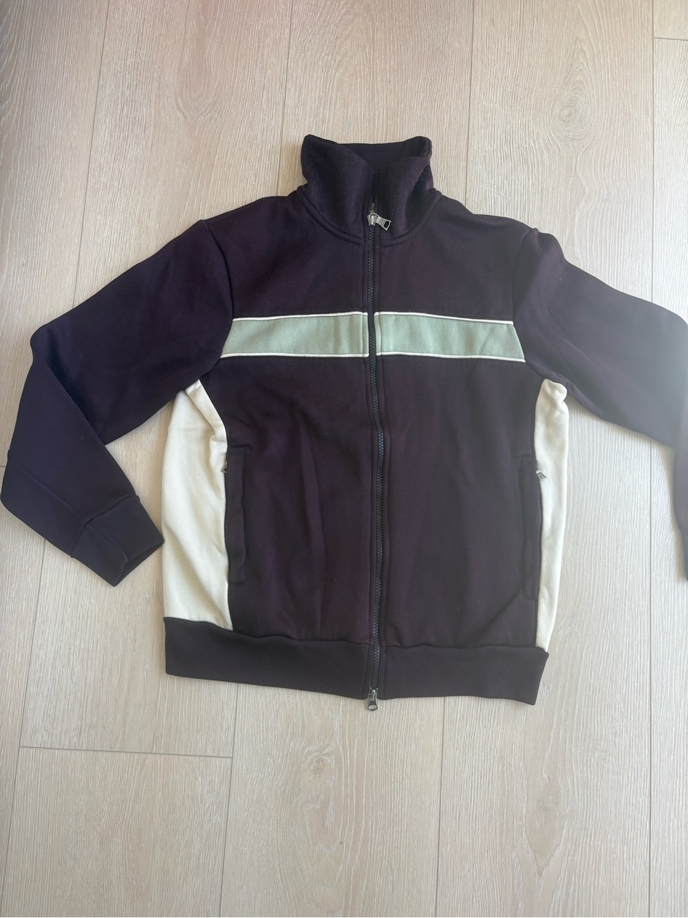 Banana Republic Black Zip-Up Sweater with Cream Panels and Sage Stripe